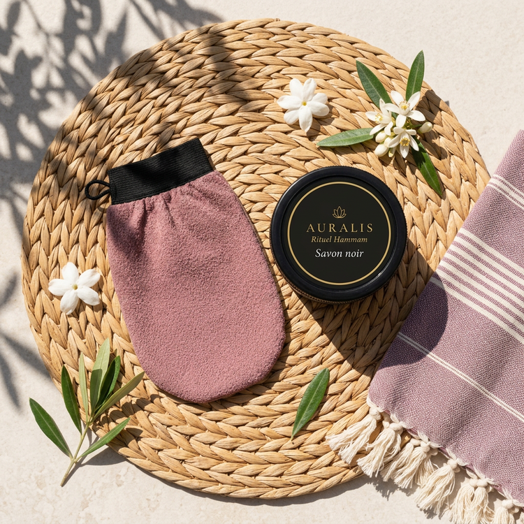 Gant et savon noir sur raphia