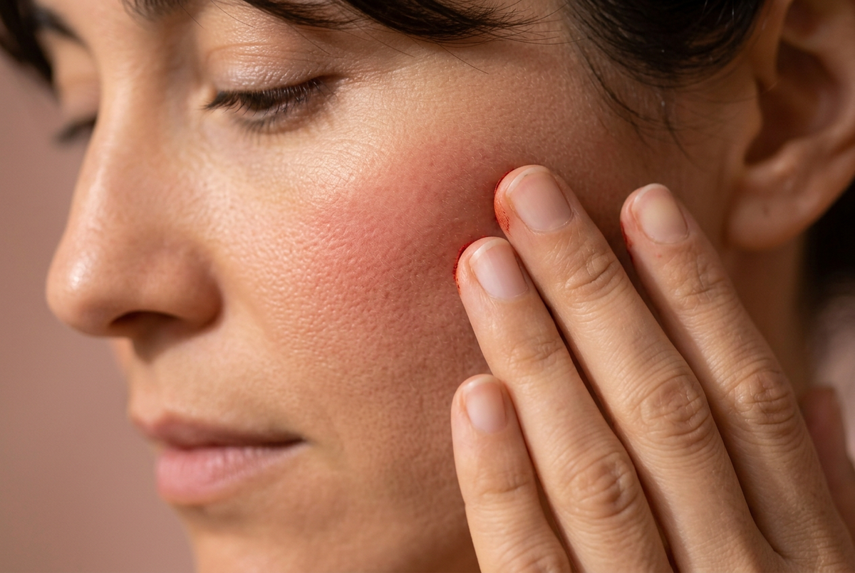 Gros plan d’une joue avec un blush naturel d’aker fassi estompé du bout des doigts