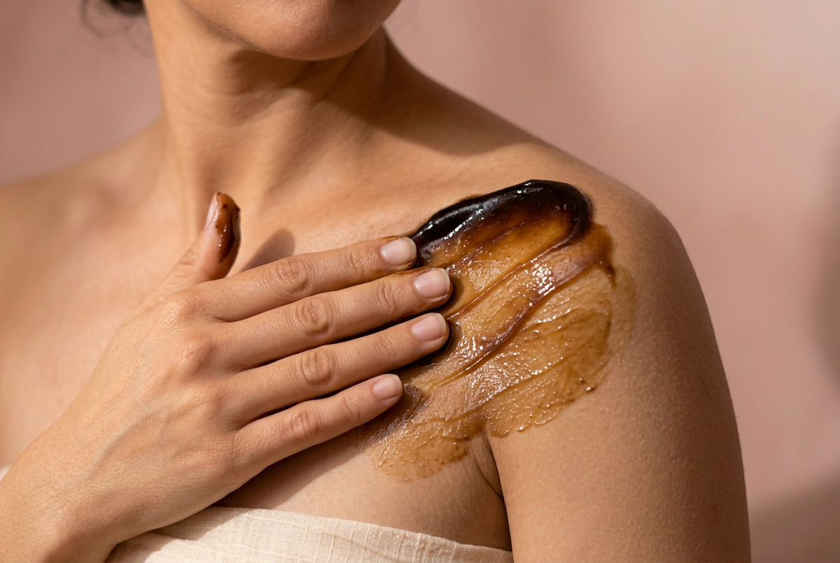 Gros plan d’une main qui étale du savon noir brillant sur l’épaule et la clavicule, serviette en lin ivoire en bas du cadre
