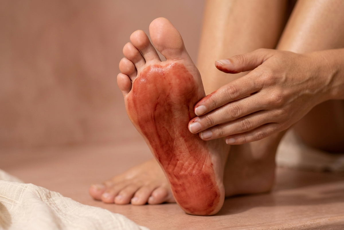 Gros plan d’une plante de pied recouverte de pâte d’aker fassi rouge brique, main qui l’étale